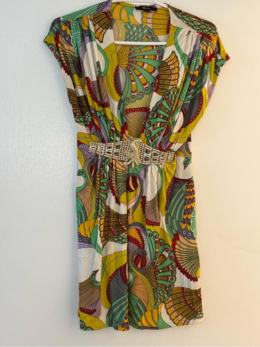 SKY Multicolor Printed V-Neck Women’s Dress with Embellished Waist